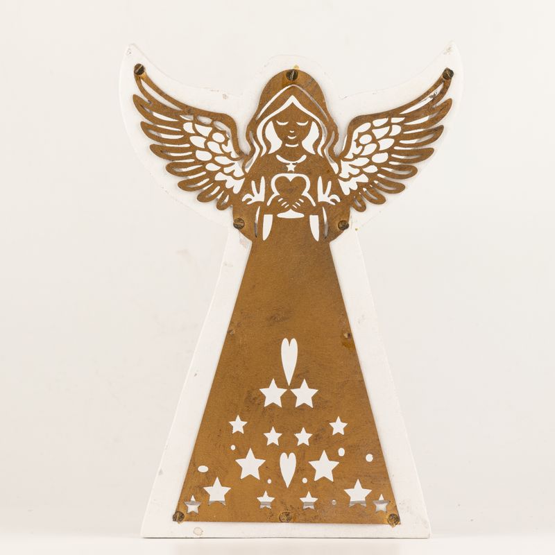 Ángel de madera de mango - Acabado decapado con decoración de hierro recortada - 22cm