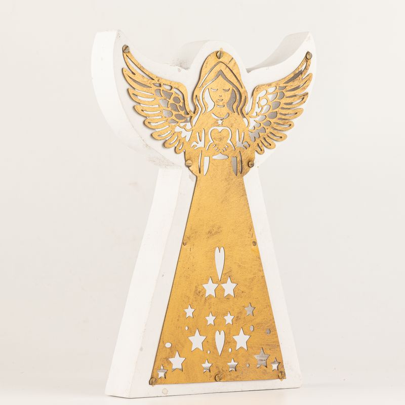 Ángel de madera de mango - Acabado decapado con decoración de hierro recortada - 22cm