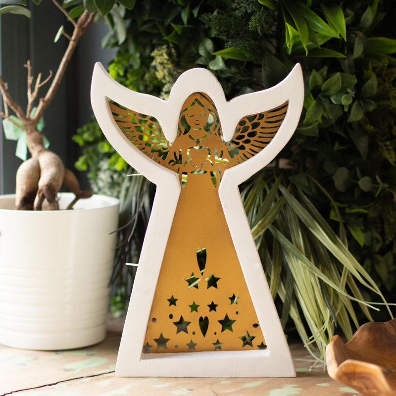 Ángel de madera de mango - Acabado decapado con decoración de hierro recortada - 22cm