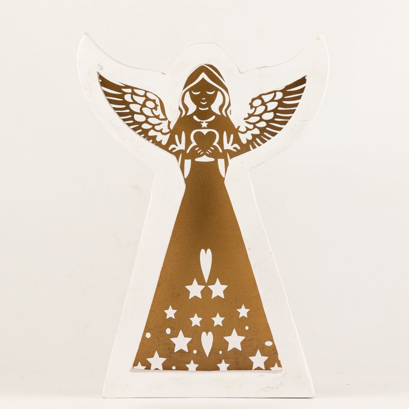 Ángel de madera de mango - Acabado decapado con decoración de hierro recortada - 22cm