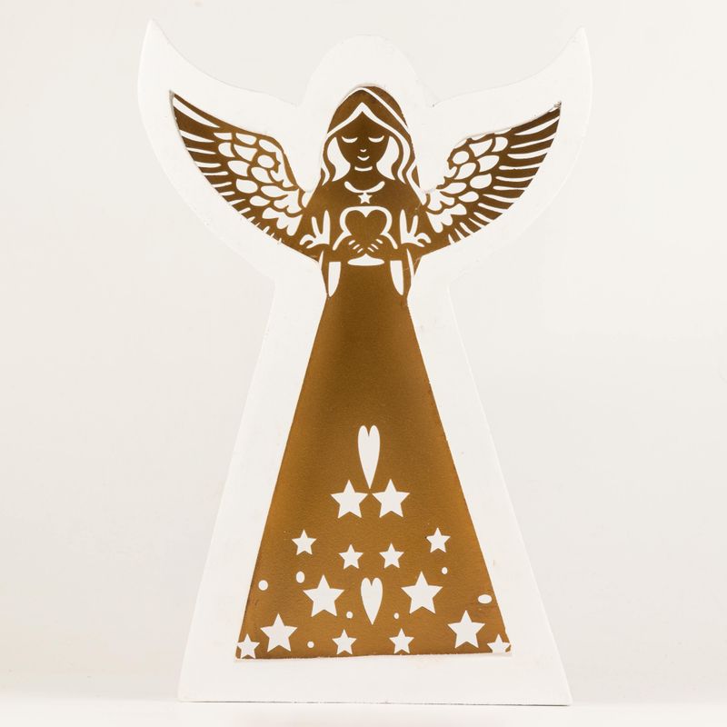Ángel de madera de mango – Acabado blanqueado con decoración de hierro recortada – 39 cm