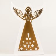 Ángel de madera de mango – Acabado blanqueado con decoración de hierro recortada – 39 cm
