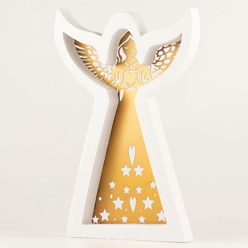 Ángel de madera de mango – Acabado blanqueado con decoración de hierro recortada – 39 cm