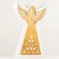Ángel de madera de mango – Acabado blanqueado con decoración de hierro recortada – 39 cm
