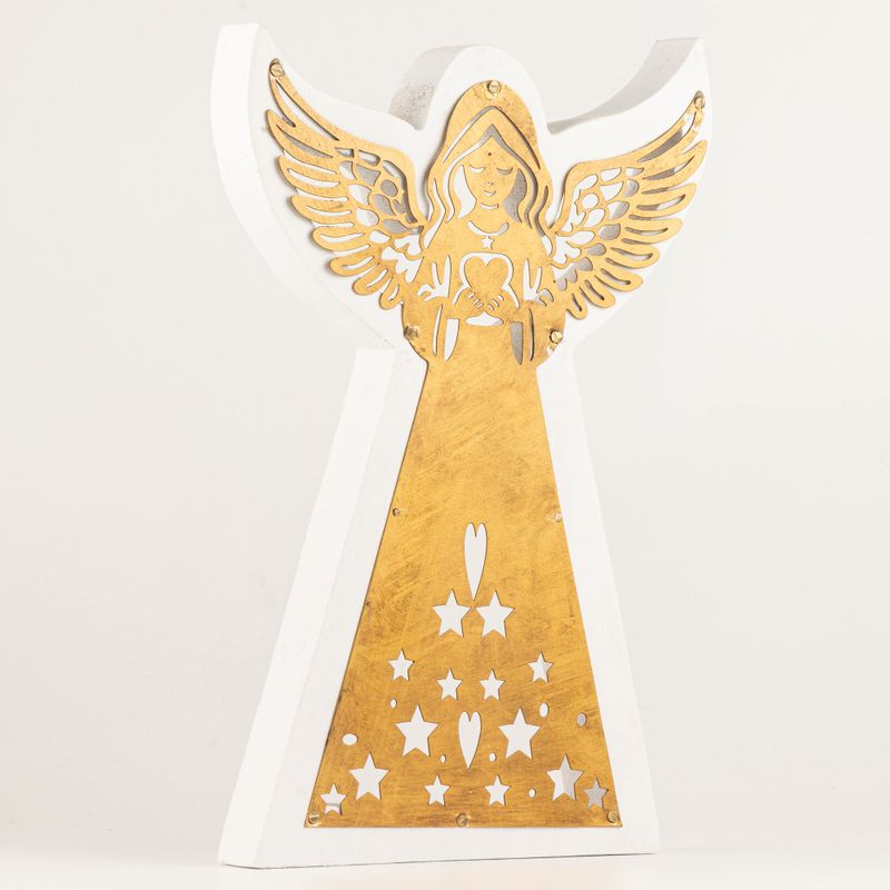 Ángel de madera de mango – Acabado blanqueado con decoración de hierro recortada – 39 cm