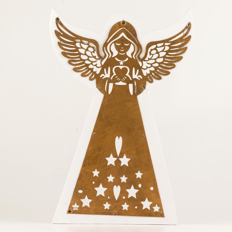 Ángel de madera de mango – Acabado blanqueado con decoración de hierro recortada – 39 cm