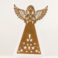 Ángel de madera de mango – Acabado blanqueado con decoración de hierro recortada – 39 cm