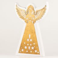 Ángel de madera de mango – Acabado blanqueado con decoración de hierro recortada – 39 cm