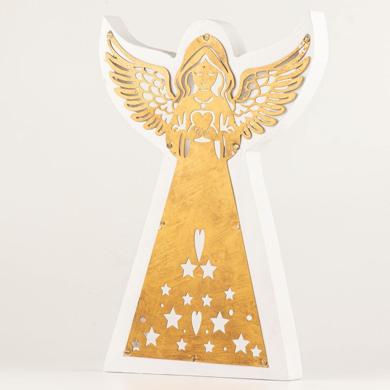 Ángel de madera de mango – Acabado blanqueado con decoración de hierro recortada – 39 cm