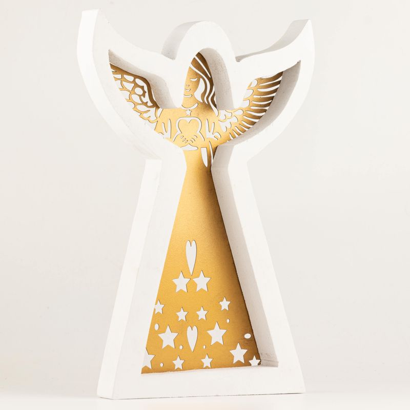 Ángel de madera de mango – Acabado blanqueado con decoración de hierro recortada – 39 cm