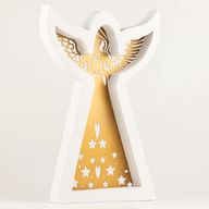 Ángel de madera de mango – Acabado blanqueado con decoración de hierro recortada – 39 cm