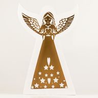 Ángel de madera de mango – Acabado blanqueado con decoración de hierro recortada – 39 cm