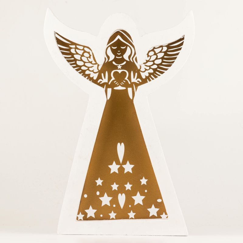 Ángel de madera de mango – Acabado blanqueado con decoración de hierro recortada – 39 cm