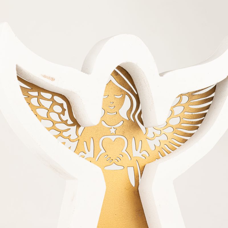 Ángel de madera de mango – Acabado blanqueado con decoración de hierro recortada – 39 cm