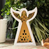 Ángel de madera de mango – Acabado blanqueado con decoración de hierro recortada – 39 cm