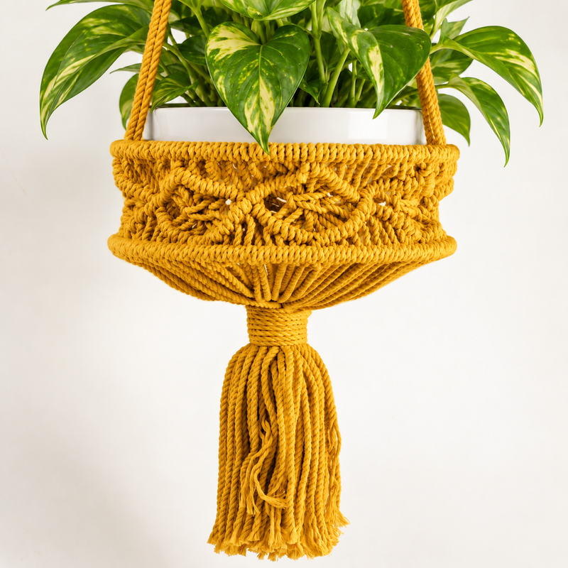 Macetero colgante de macramé grande - Mostaza