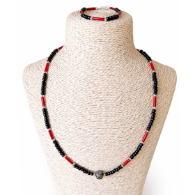 Conjunto Collar (50 cm) y Pulsera (17 cm) - Om ónix y coralina Nepalí