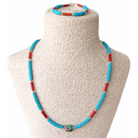 Conjunto Collar  (50 cm) y Pulsera (17 cm) - PerlasTribales Turquesa y Coralina Nepalí