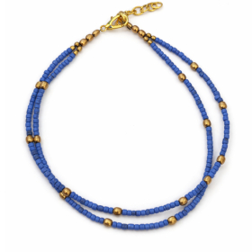 Pulsera de Tobillo Doble - Lapislázuli y Perlas de latón Nepalíes (22 cm)