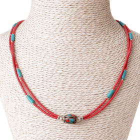 Collar Nepalés de Gemas Extra Finas de Dos Líneas - Colgante Rosa y Turquesa