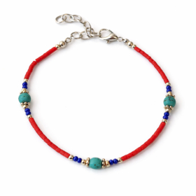Pulsera Nepalés de Gemas Extra Finas - Cuentas de Coral Rosa y Turquesa