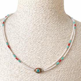 Collar Nepalés de Gemas Extra Finas de Dos Líneas - Colgante Perla y Turquesa