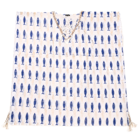 Colección Nomad Sari On the Med - Kaftán - Estampado de Peces en Blanco y Azul