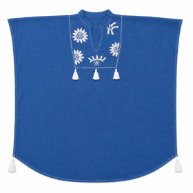 Colección Nomad Sari On the Med - Kaftán - Azul con Bordado Crema y Borlas