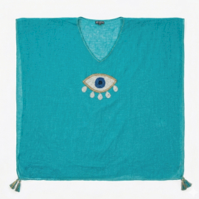 Colección Nomad Sari On the Med - Kaftán - Turquesa con Ojo Turco Grande en Oro y Blanco