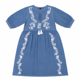 (M-L) Colección Nomad Sari On the Med - Vestido - Azul Claro Cenizo con Bordado y Borlas