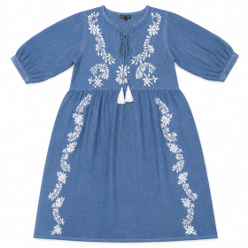 (L-XL) Colección Nomad Sari On the Med - Vestido - Azul Claro Cenizo con Bordado y Borlas