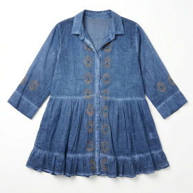 (M-L) Colección Nomad Sari On the Med - Vestido Túnica - Azul Claro Cenizo con Estampado de Ojo Turco