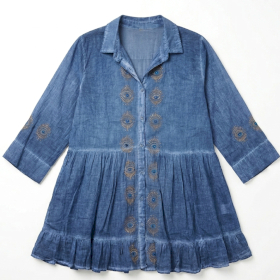 (L-XL) Colección Nomad Sari On the Med - Vestido Túnica - Azul Claro Cenizo con Estampado de Ojo Turco