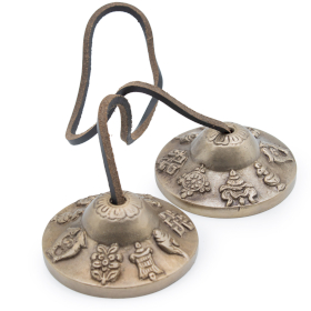 Tingsha tibetano de latón premium - Símbolos de la suerte - aprox. 6 cm (155 g)