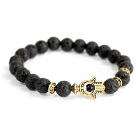 3x Hamsa de oro / piedra de lava - pulsera de piedras preciosas