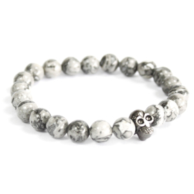 3x Calavera de peltre / ágata gris - Pulsera de piedras preciosas