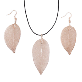 Conjunto de collar y aretes - Hoja de valor - Oro blanco