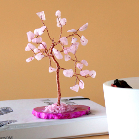 Arbol de piedras preciosas: Cuarzo rosa sobre base de ágata rosa (35 piedras)