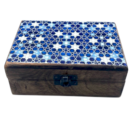 Caja de Madera de Cerámica Esmaltada Mediana - 15x10x6cm - Estrellas Azules