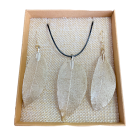 Conjunto de collar y aretes - Hoja de valor - Oro blanco