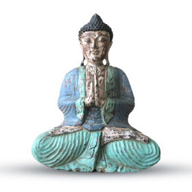 Estatua de Buda Vintage Azul Menta Tallada a Mano - 40cm - Bienvenido
