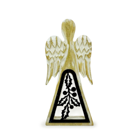 Angel de Madera de Mango - Encalado con Recorte de Hierro - 18cm