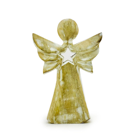 Angel de Madera de Mango - Encalado con Recorte de Estrella - 18cm