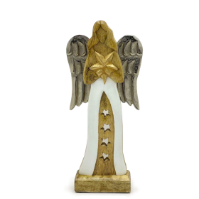 Angel Grande de Madera de Mango de Estrella Alas de Metal y Detalle de Esmalte - 30cm